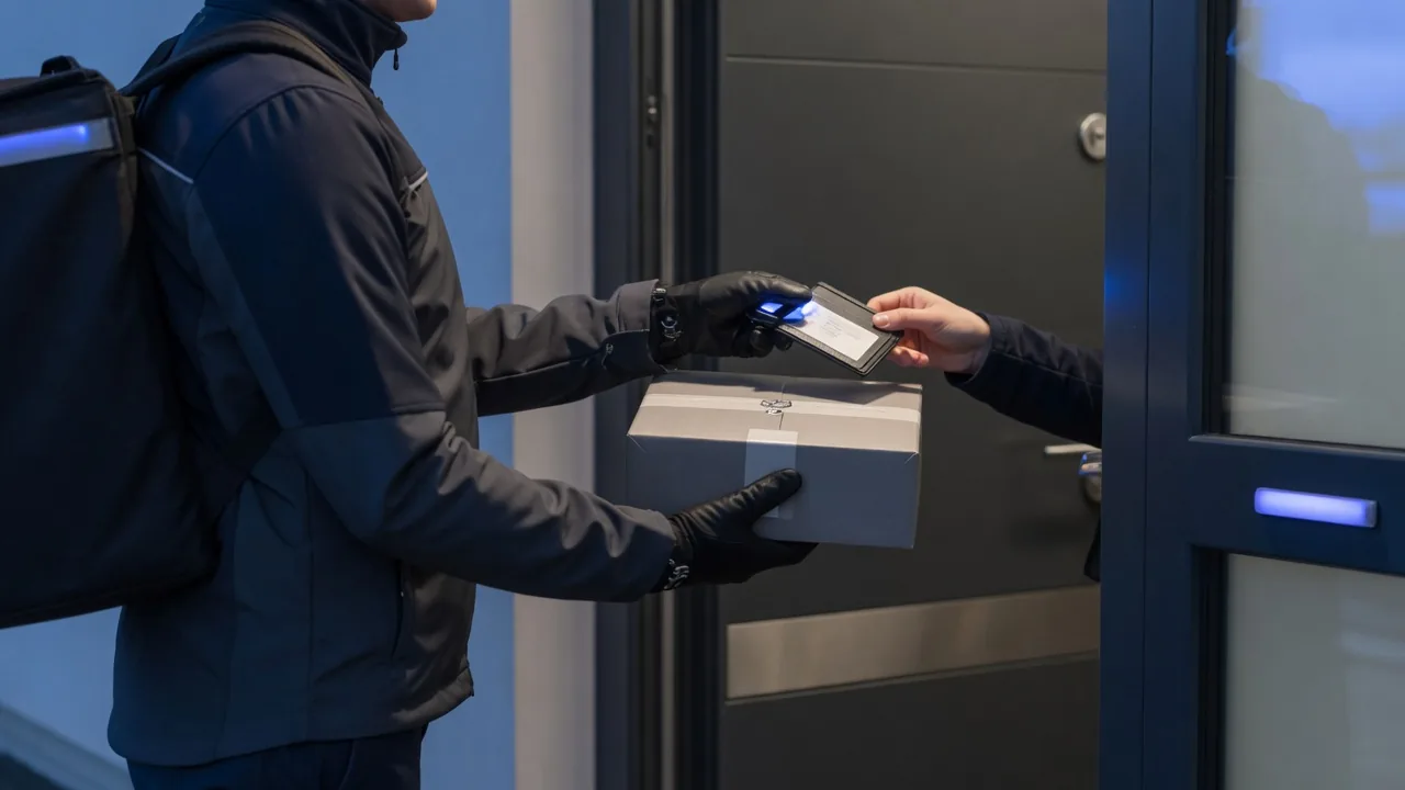 Kurier übergibt ein neutrales Paket und prüft den Ausweis des Empfängers