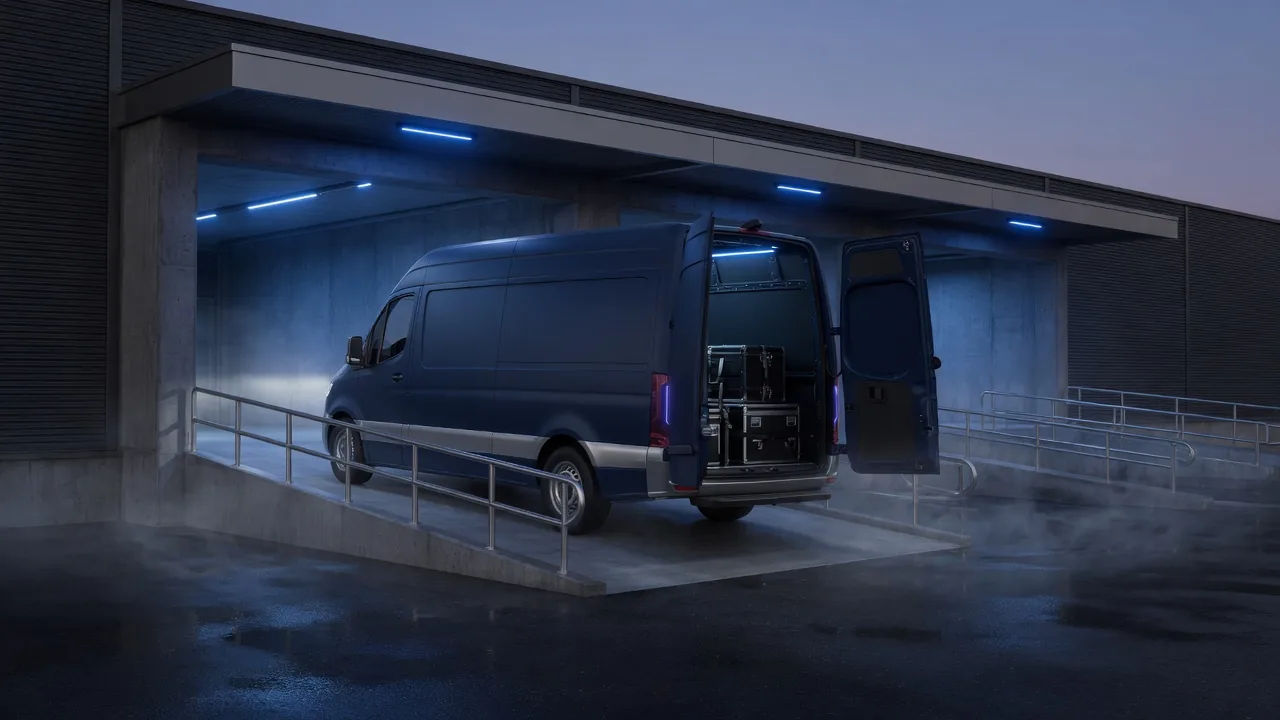 Dunkler Transporter an einer beleuchteten Laderampe bei Nacht