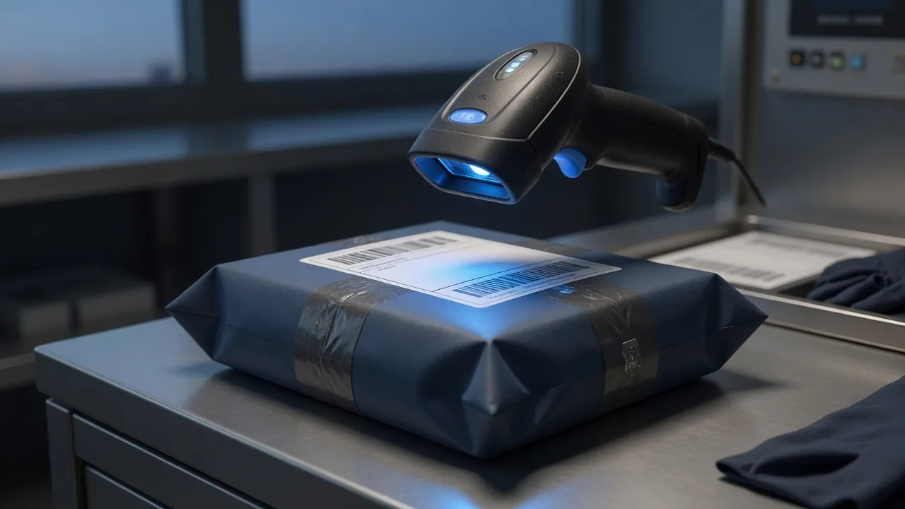 Handscanner liest ein Versandetikett für die durchgängige Sendungsverfolgung