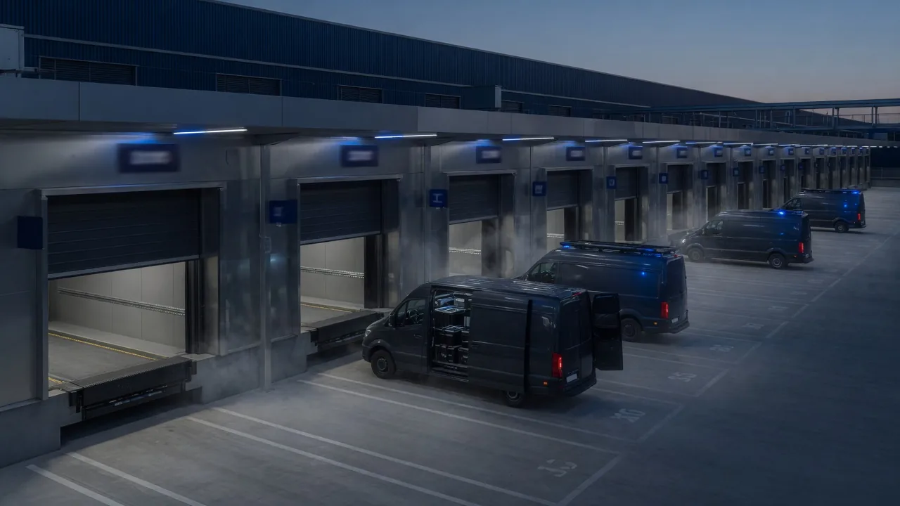 Logistik-Verteilzentrum mit Verladebuchten und Transportern in der blauen Stunde